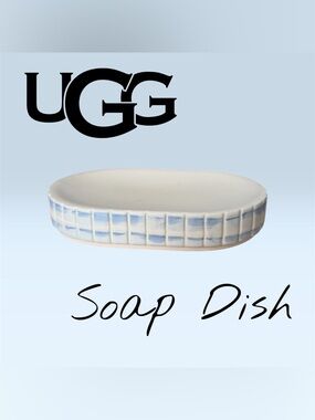 UGG White Ceramic Soap Dish with Pale Blue Grid Accent